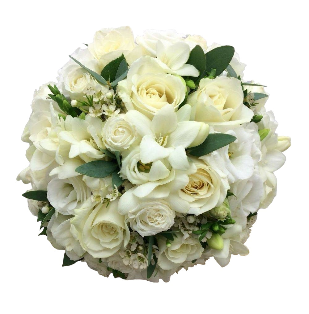 Buchet de cununie clasic din trandafiri, frezii si lisianthus