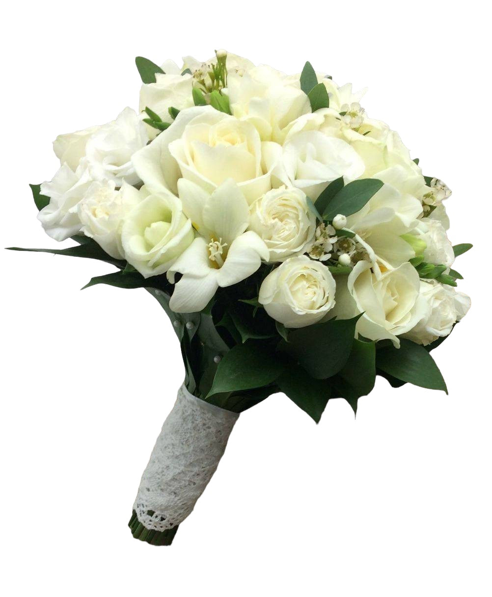 Buchet de cununie clasic din trandafiri, frezii si lisianthus