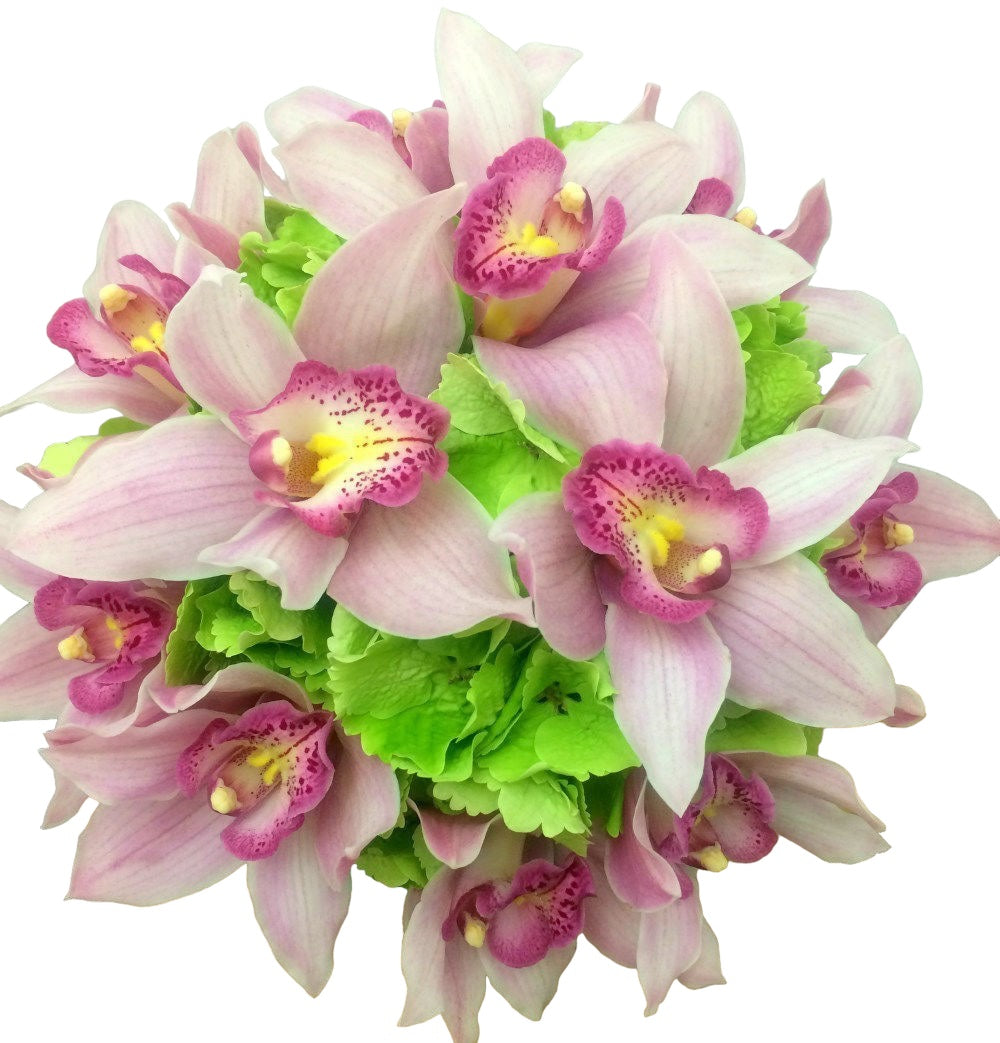 Buchet mireasa hortensie verde si orhidee cymbidium