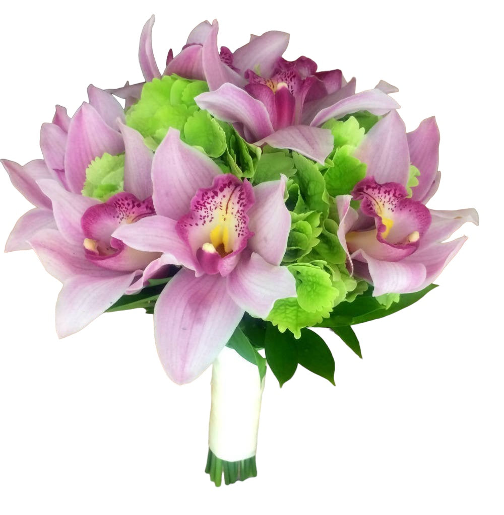 Buchet mireasa hortensie verde si orhidee cymbidium