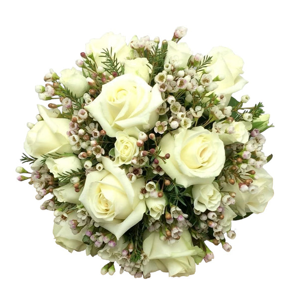 Ivory bridal bouquet with roses, mini roses and wax flowers