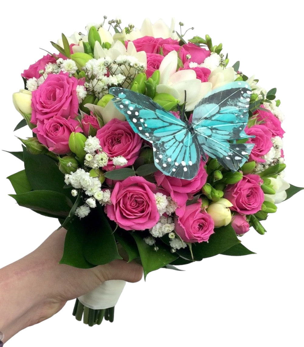 Buchet mireasa minirose roz si frezii