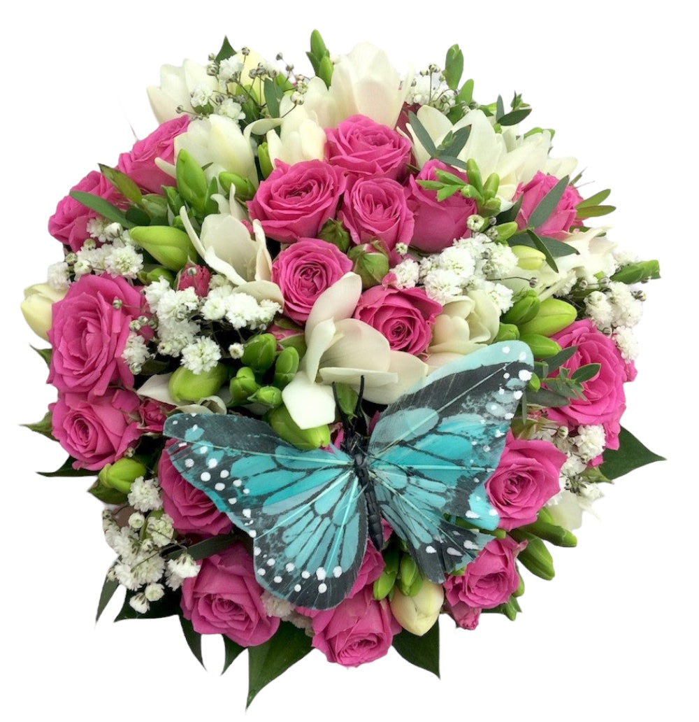 Buchet mireasa minirose roz si frezii