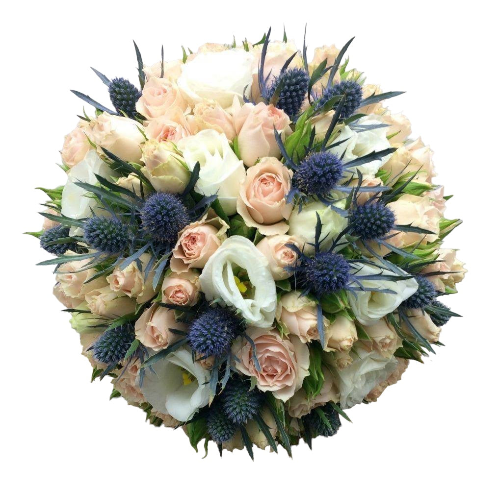 Buchet mireasa minirose, lisianthus si eryngium