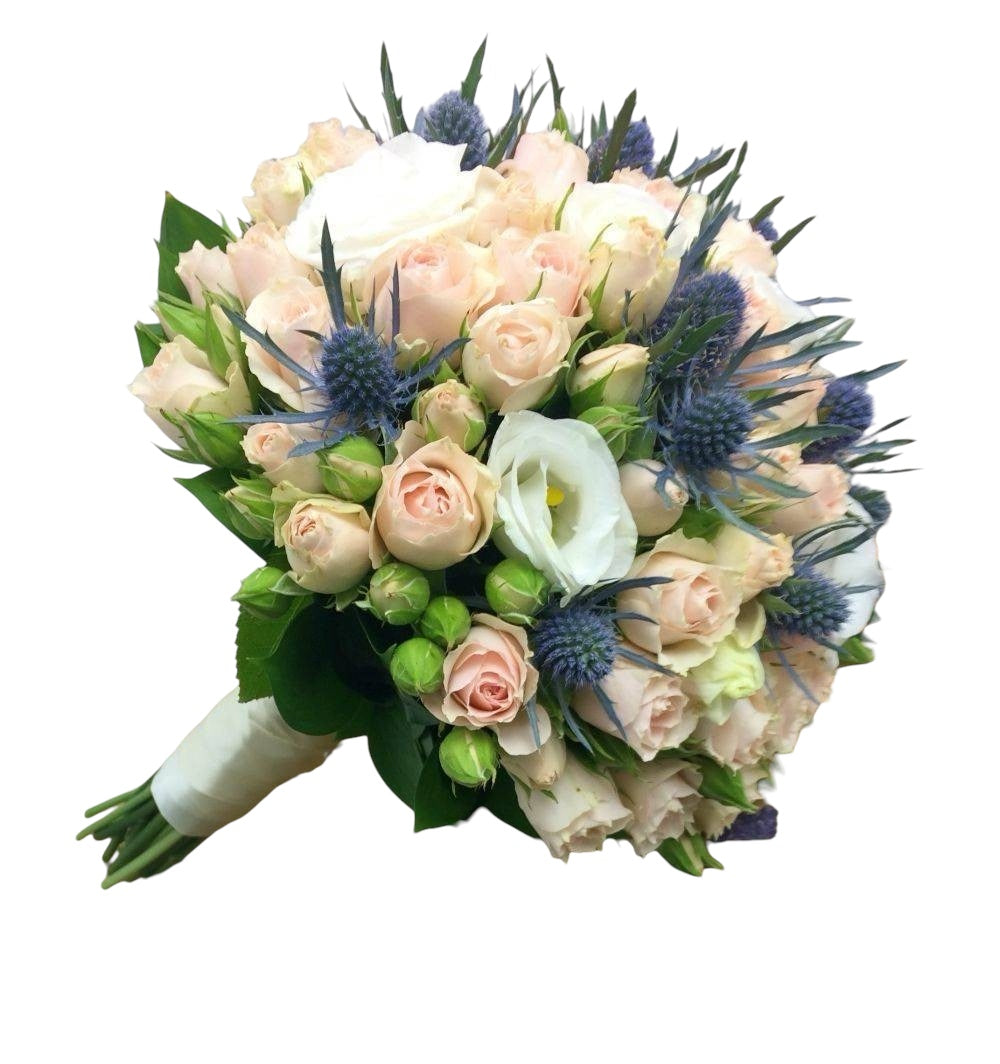 Buchet mireasa minirose, lisianthus si eryngium