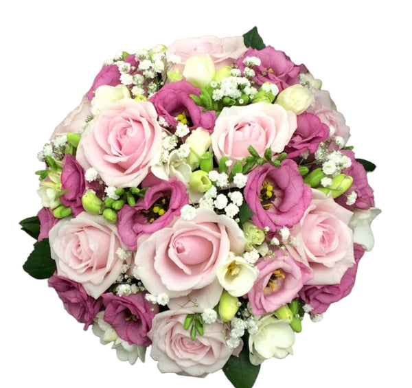 Wedding bouquet of pink roses and freesias