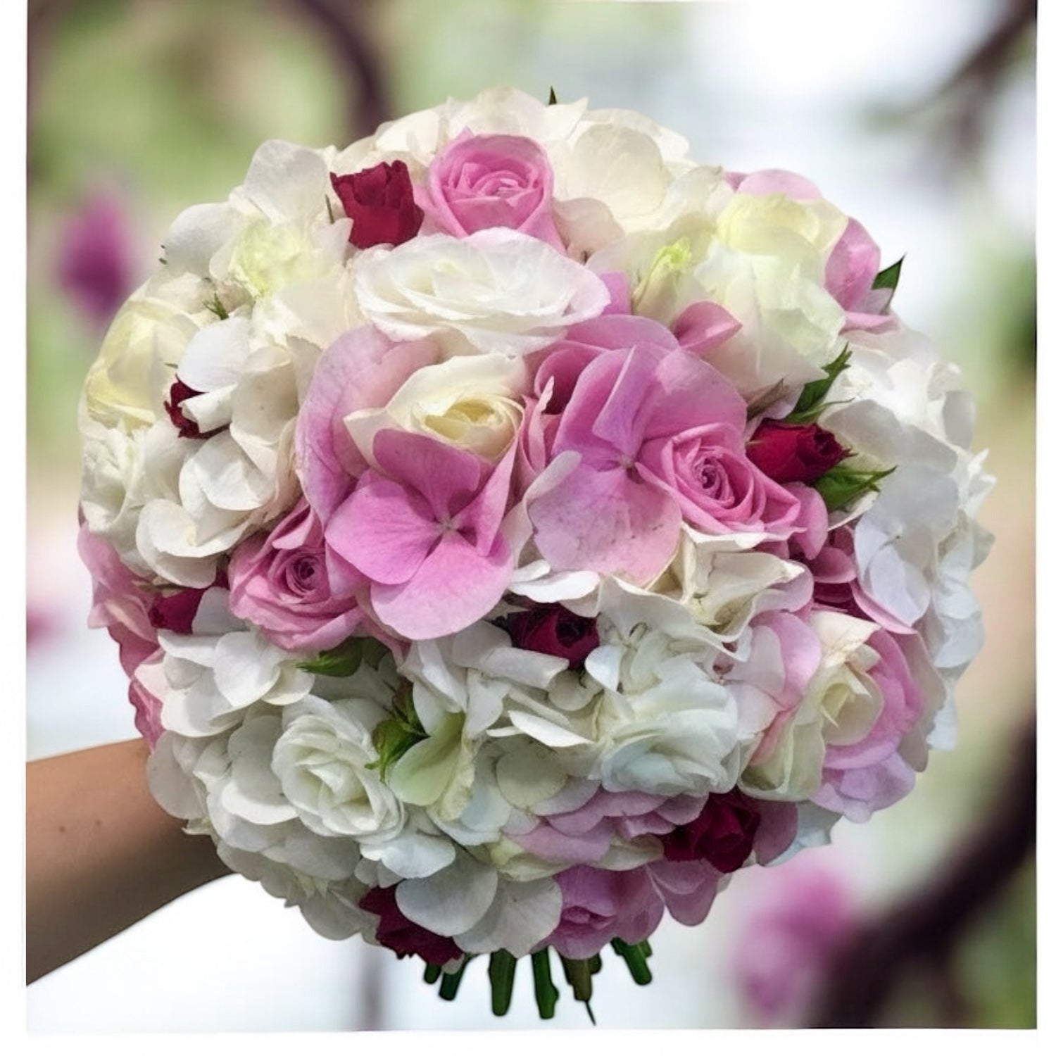 Bridal bouquet of white and pink hydrangea