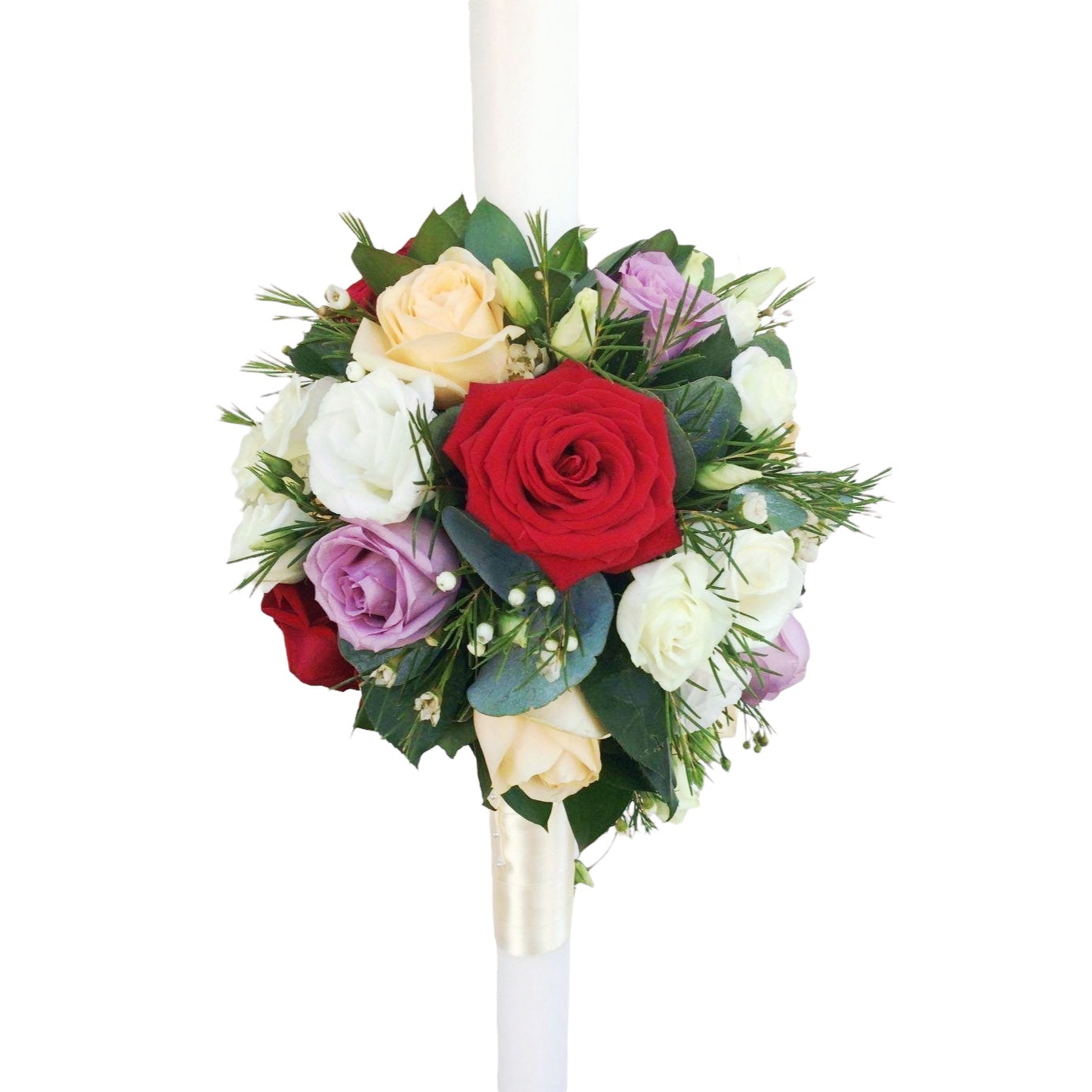 Spherical wedding candles, pastel roses and wax flowers