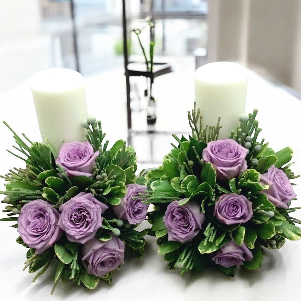 Lumanari nunta scurte trandafiri mov si brunia