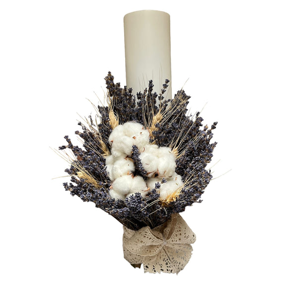 Special baptism candle cotton, ears of wheat and lavender