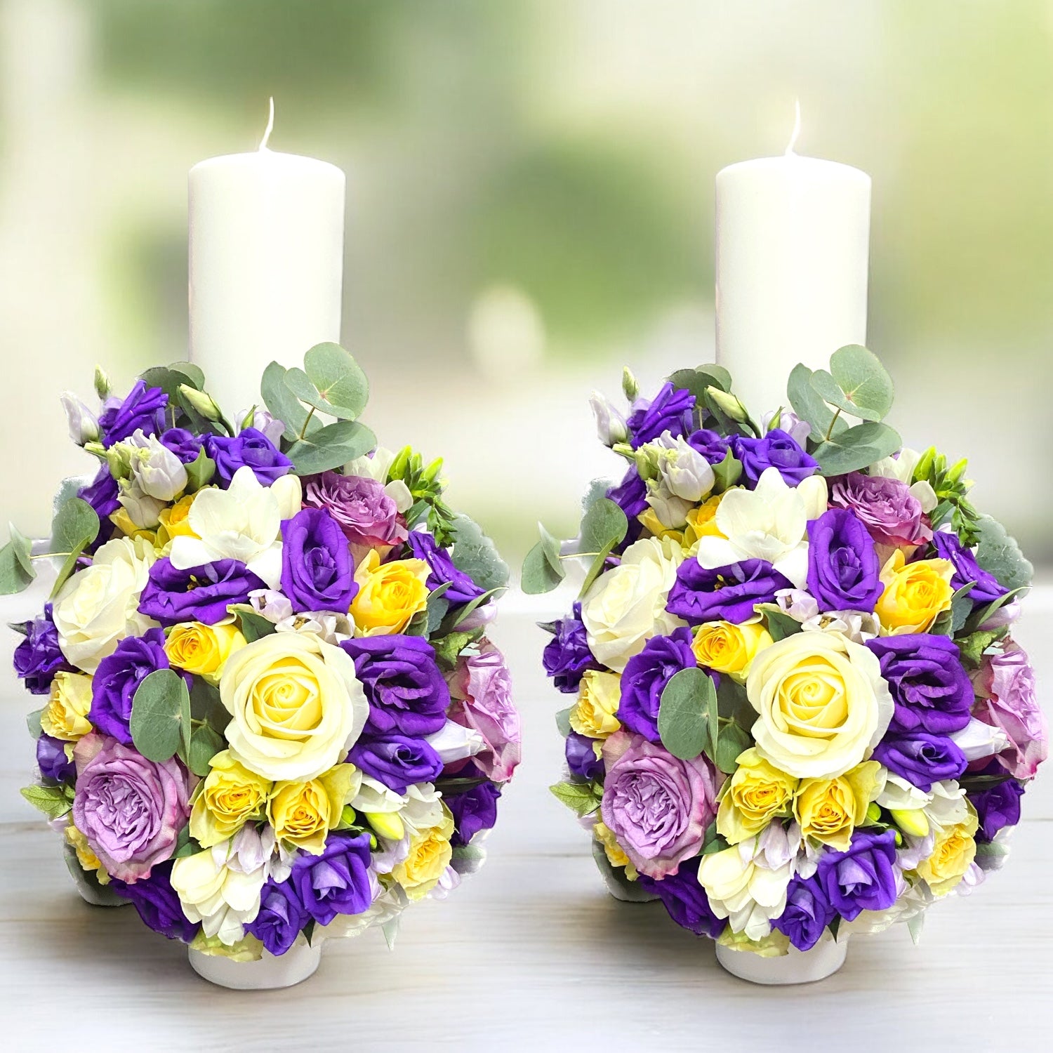 Lumanari nunta scurte trandafiri mov