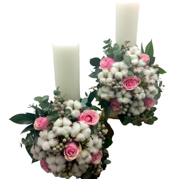 Short wedding candles pink and brown roses