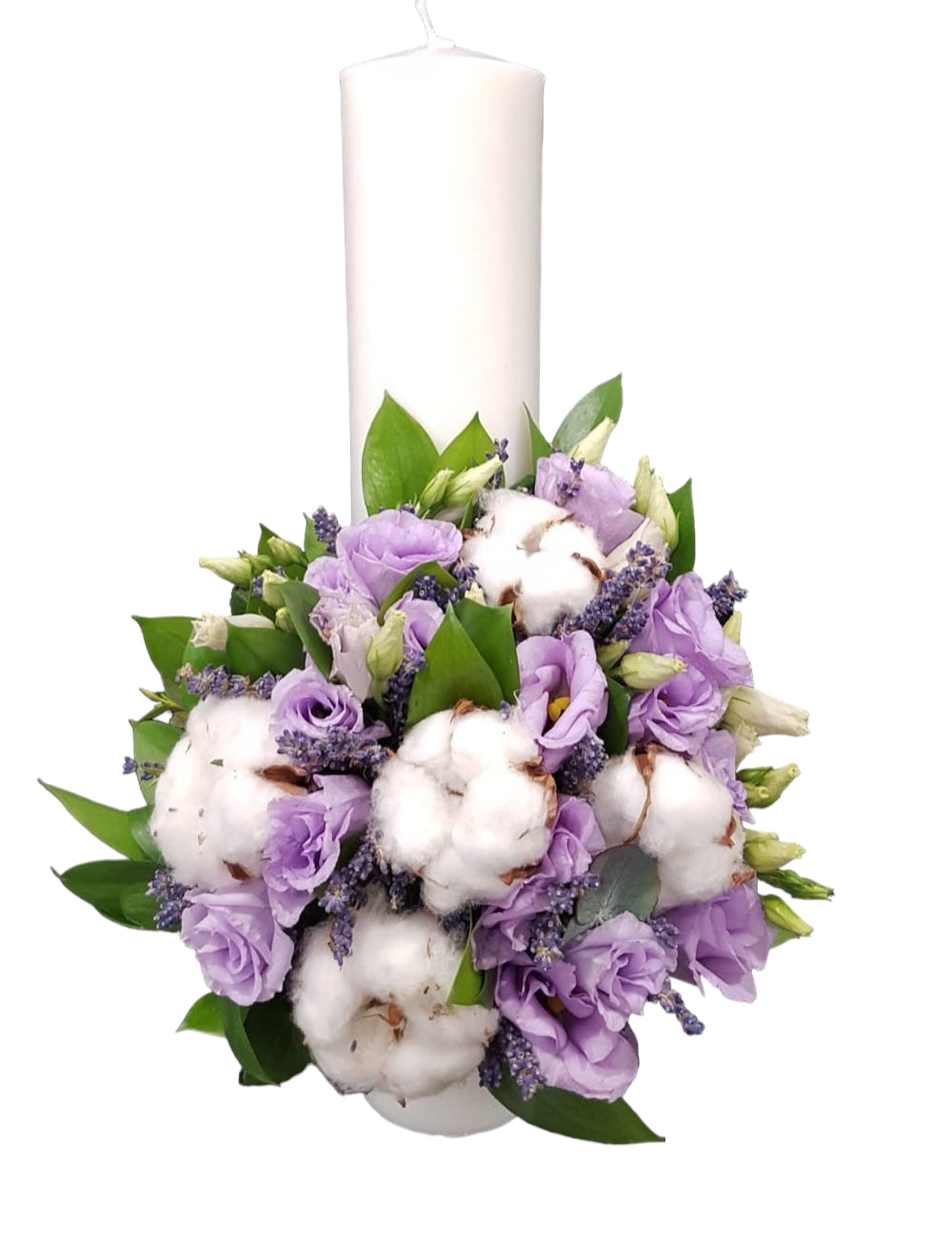 Lumanari nunta scurte bumbac si lisianthus