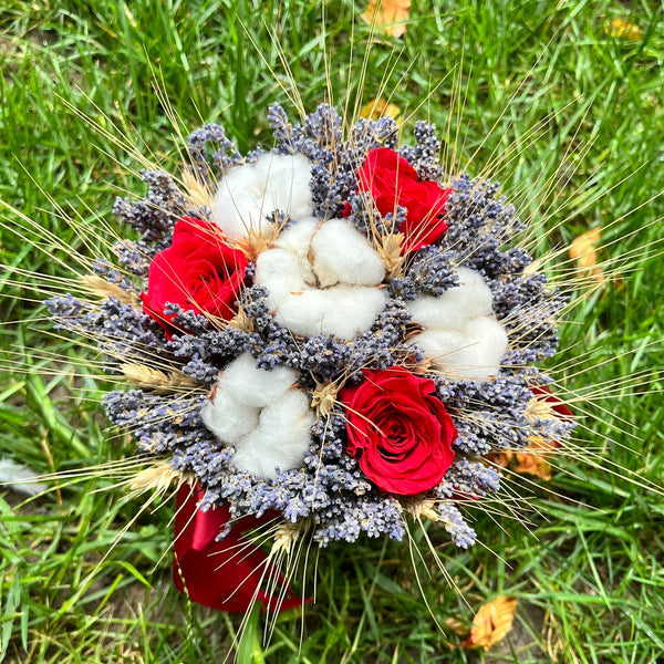 Special bouquet of lavender, wheat ears and cotton flowers