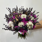 Buchet cununie rustic bumbac, lavanda si limonium roz