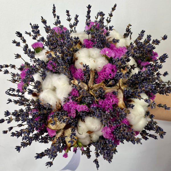 Rustic wedding bouquet cotton, lavender and pink limonium
