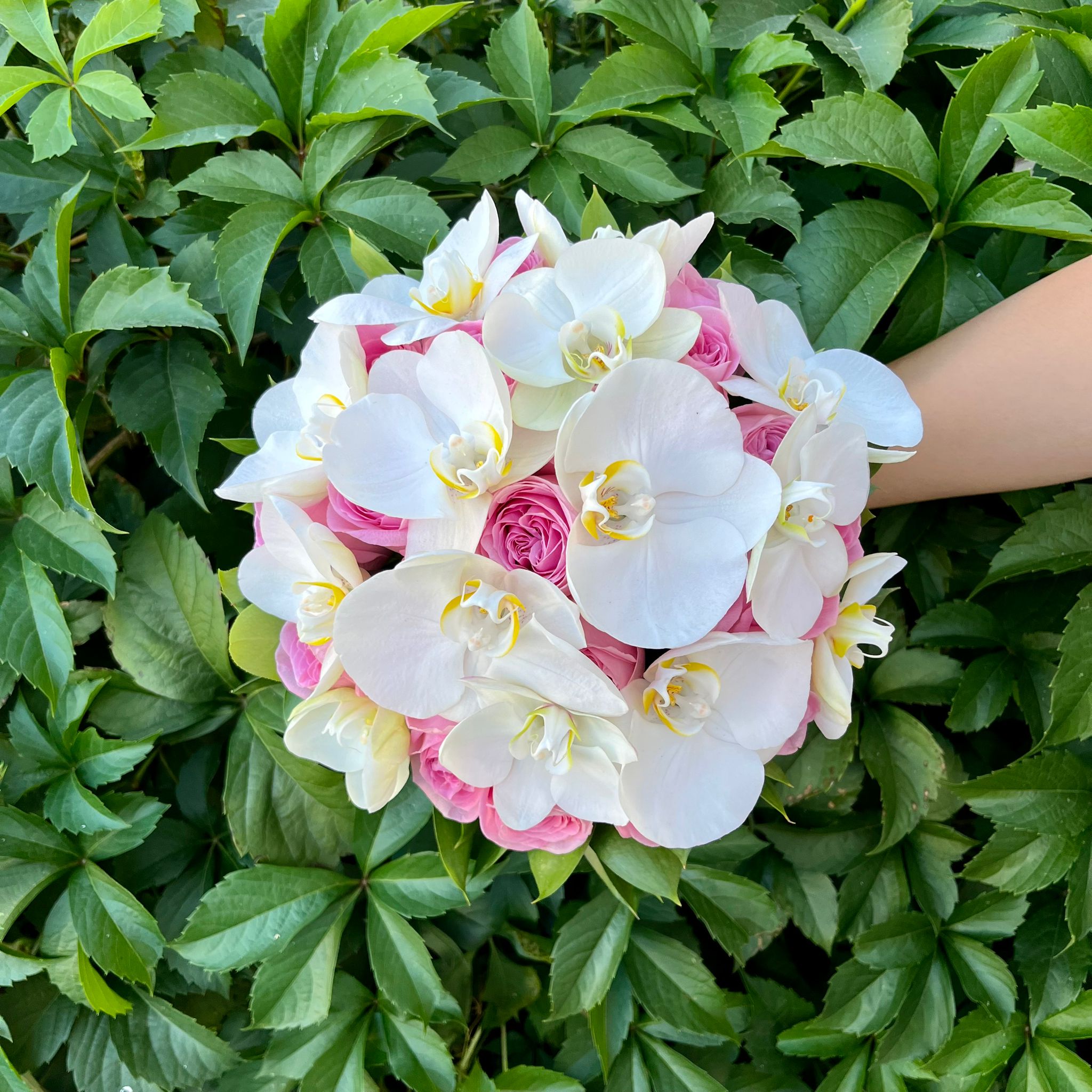 Buchet mireasa orhidee phalaenopsis si trandafiri roz