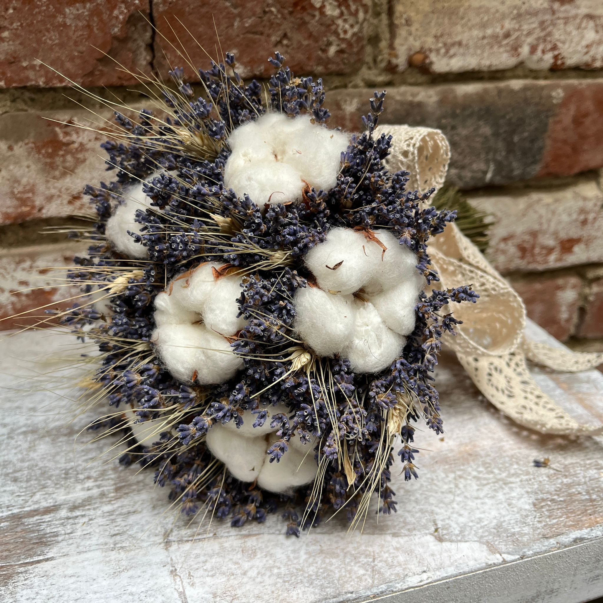 Special bouquet of lavender, wheat ears and cotton flowers