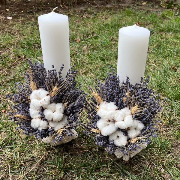 Short wedding candles with cotton, lavender and ears of wheat