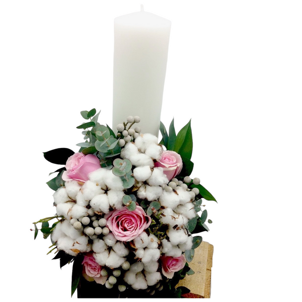 Short baptism candle pink roses and cotton