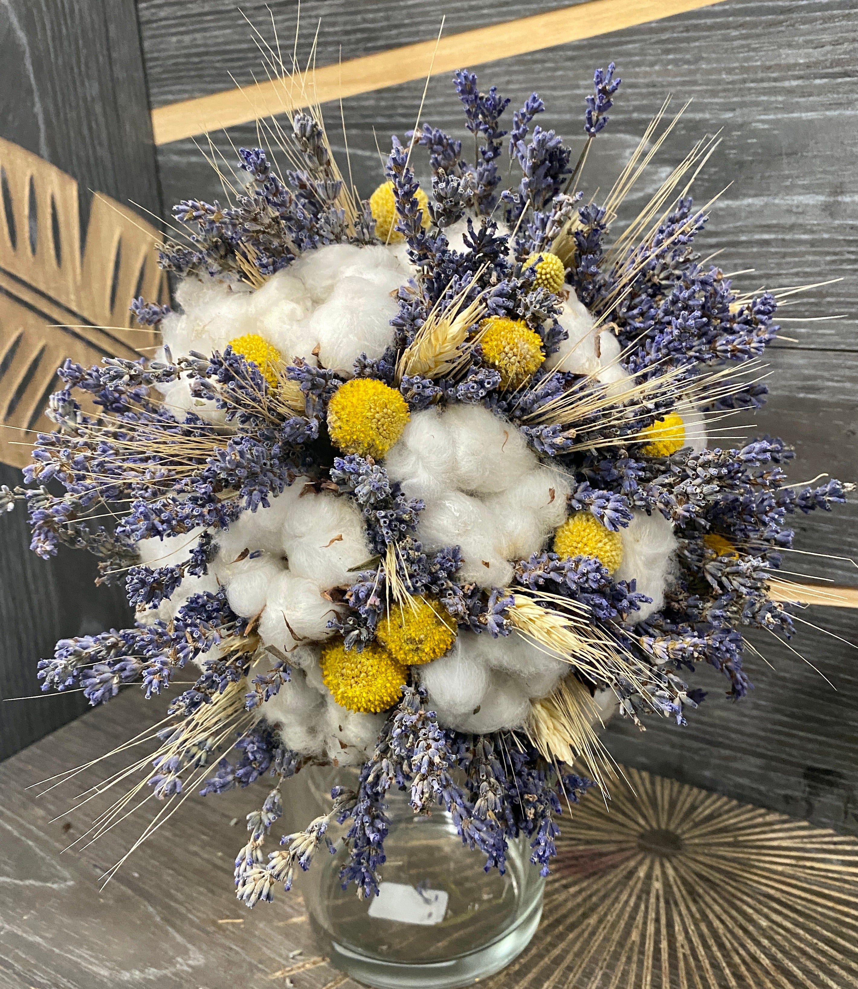 Buchet cununie rustic spice de grau, bumbac si craspedia