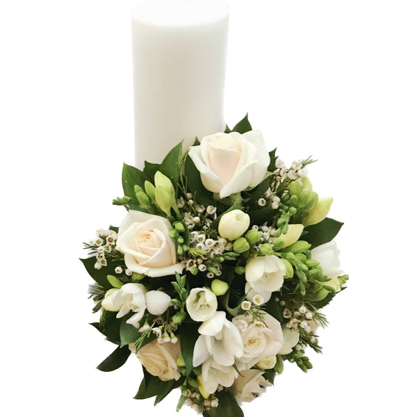 Short baptism candle roses and freesias