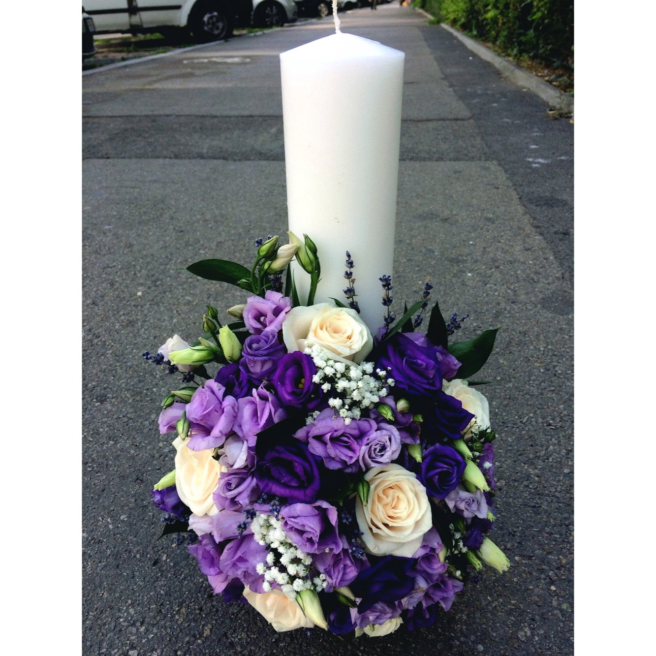 Short christening candle purple lisianthus and lavender