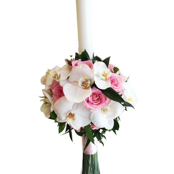 Baptism candle with lily roses and phalaenopsis orchids