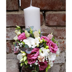 Short pink lisianthus girl baptism candle