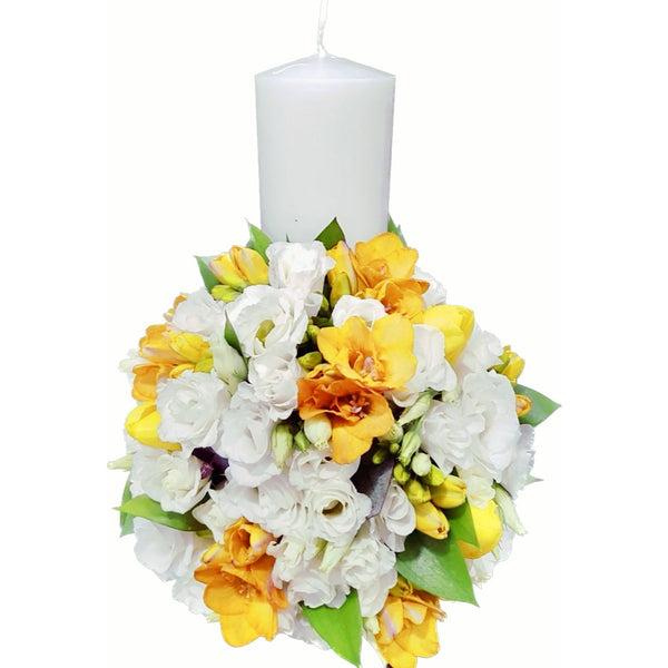 Baptism candle lisianthus and tulips