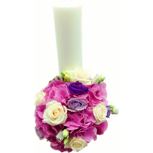 Baptism candle short pink hydrangea and cream roses