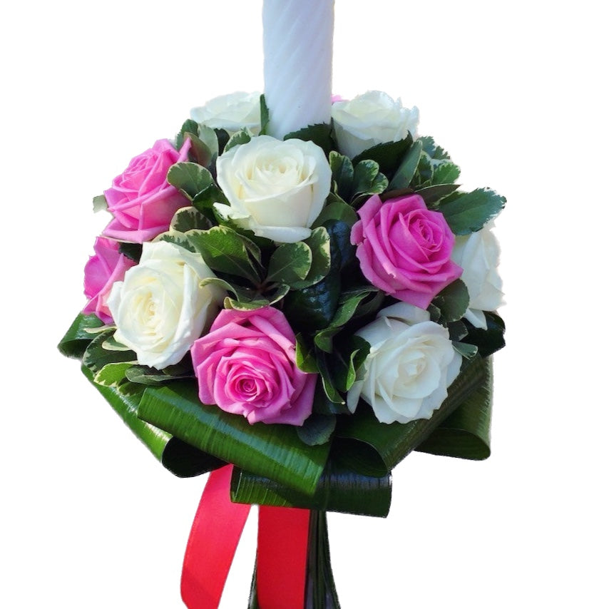Girl baptism candle with white and pink roses