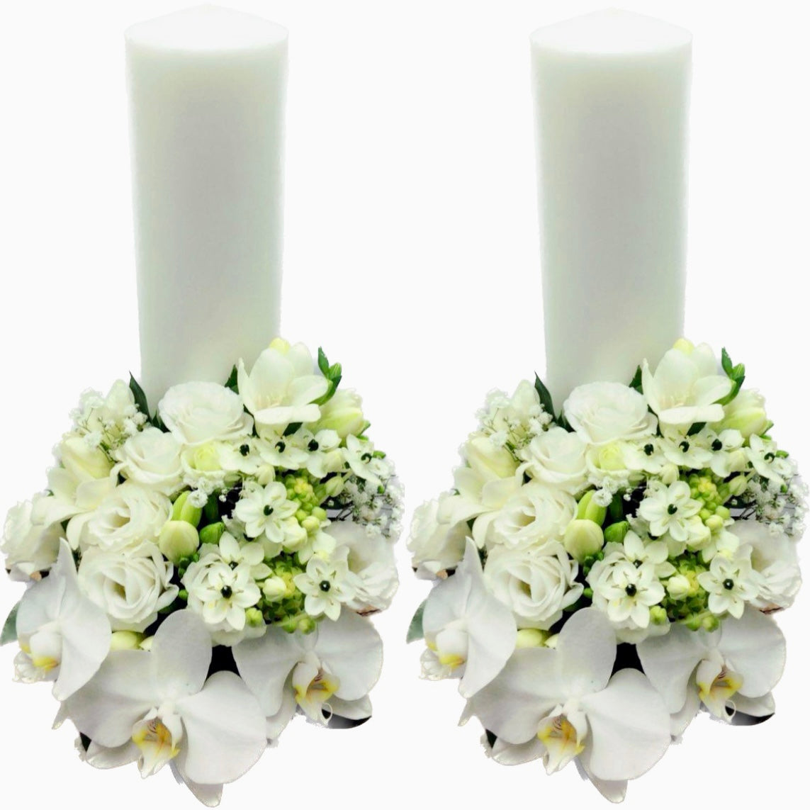 Lumanari cununie scurte lisianthus, frezii si orhidee