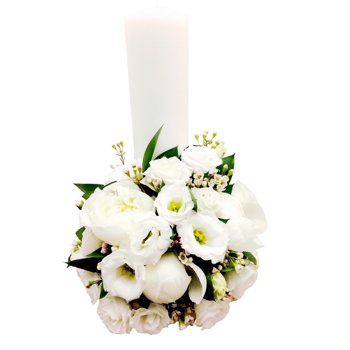 Lumanare botez scurta bujori albi