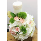 Baptism candle short hydrangea and mini roses