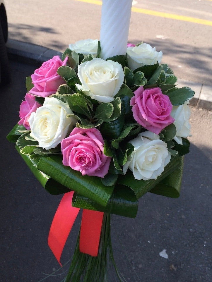 Girl baptism candle with white and pink roses