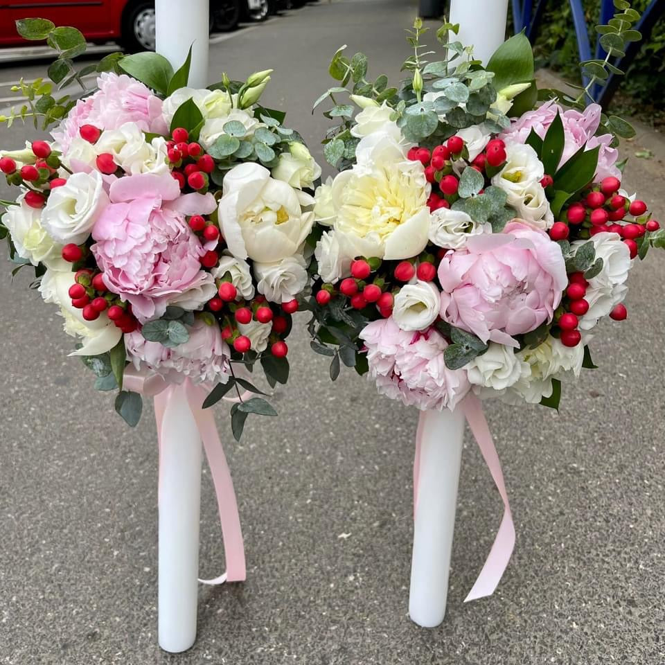 Lumanari cununie bujori si eucalipt