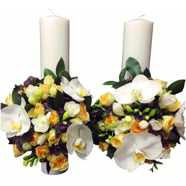 Short orchid and limonium wedding candles