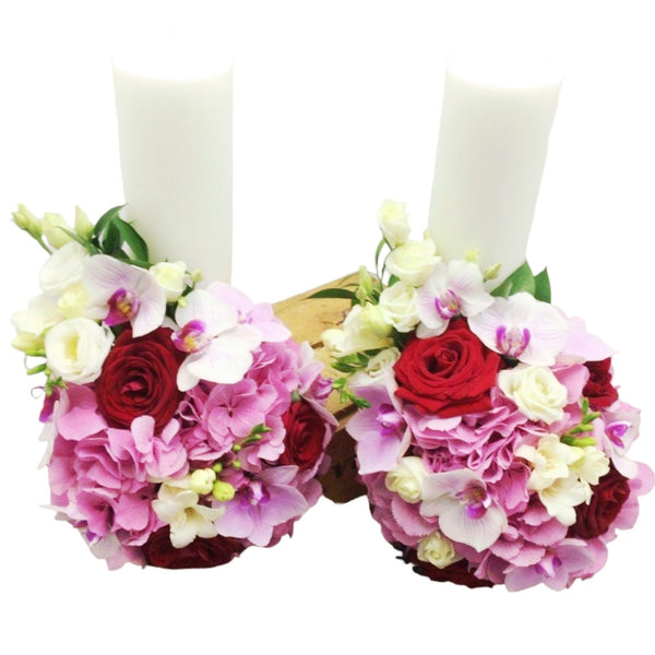 Short wedding candles pink hydrangea and phalaenopsis orchids