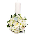 Short baptism candle lisianthus and white roses