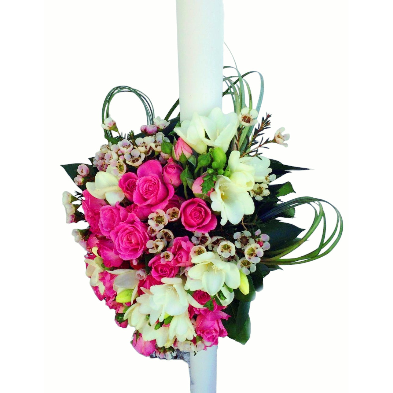 Christening candle pink-cyclam mini-roses and freesias