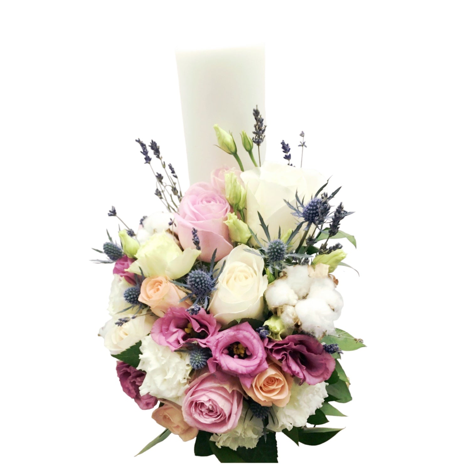 Lumanare botez scurta - mix de trandafiri si lavanda