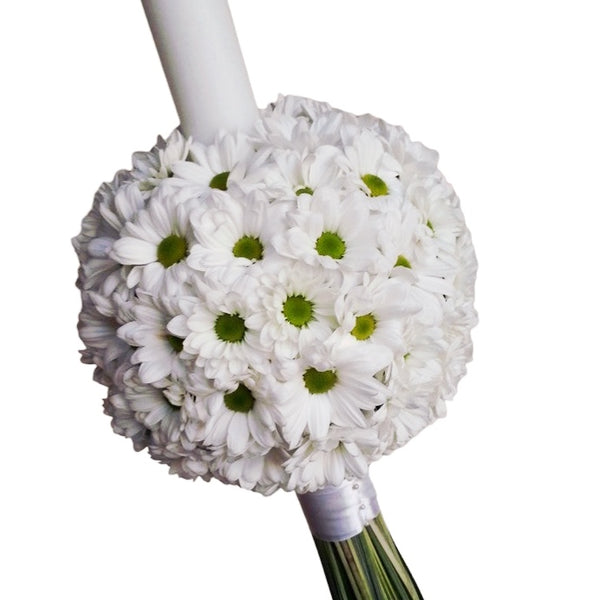 White chrysanthemum baptism candle
