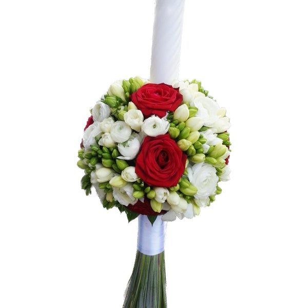 Baptism candle made of white freesias and red roses