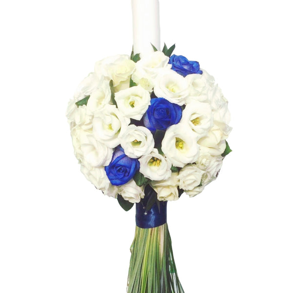 Baptism candle blue roses and lisianthus