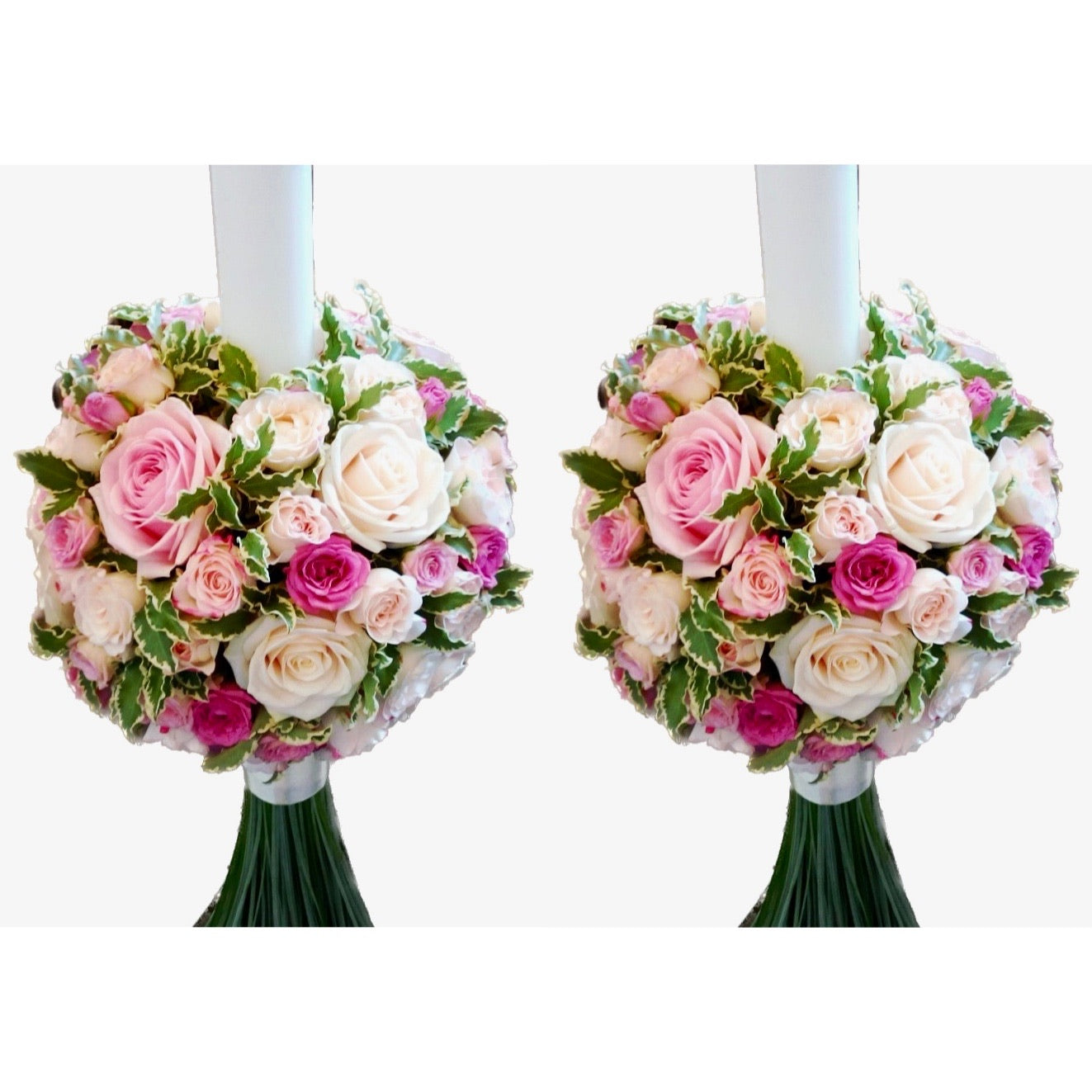 Lumanari de cununie din minirose, trandafiri si pittosporum