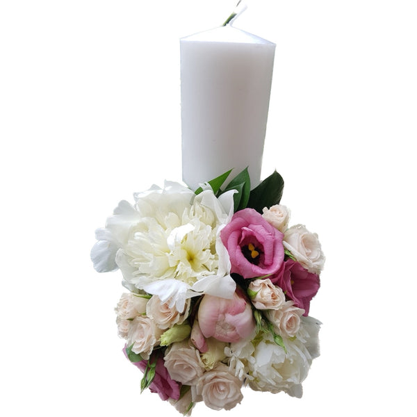 Short baptism candle for girls - peonies and pink lisianthus