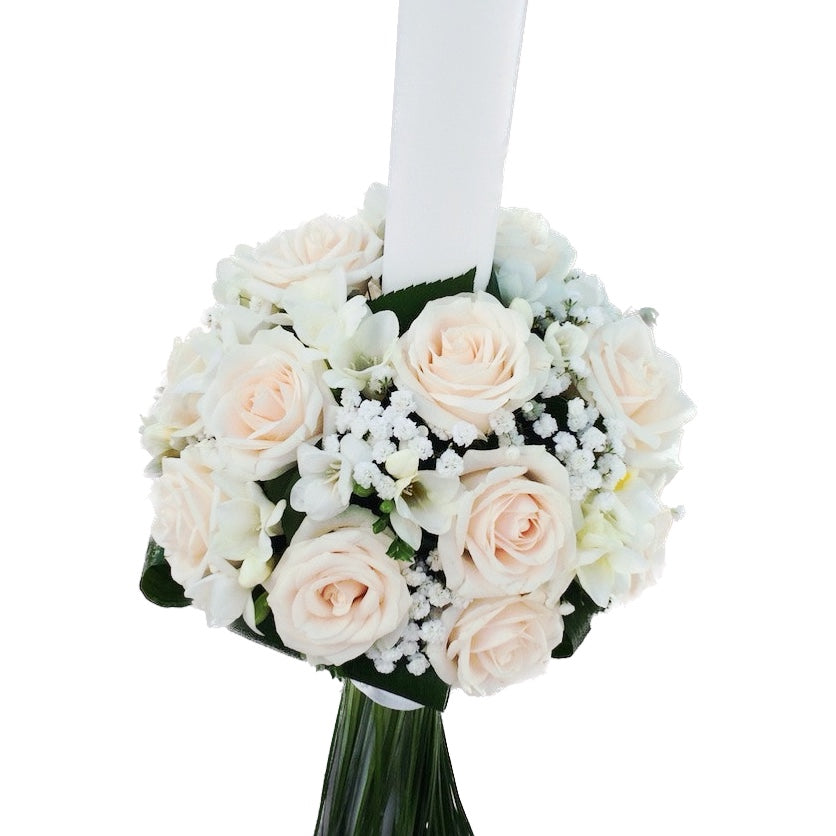Baptism candle with cream roses and freesias