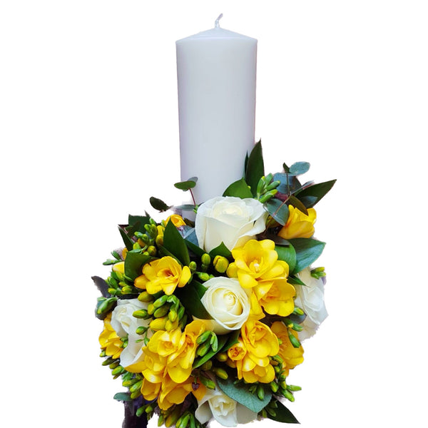 Short baptism candle for a boy, yellow freesias