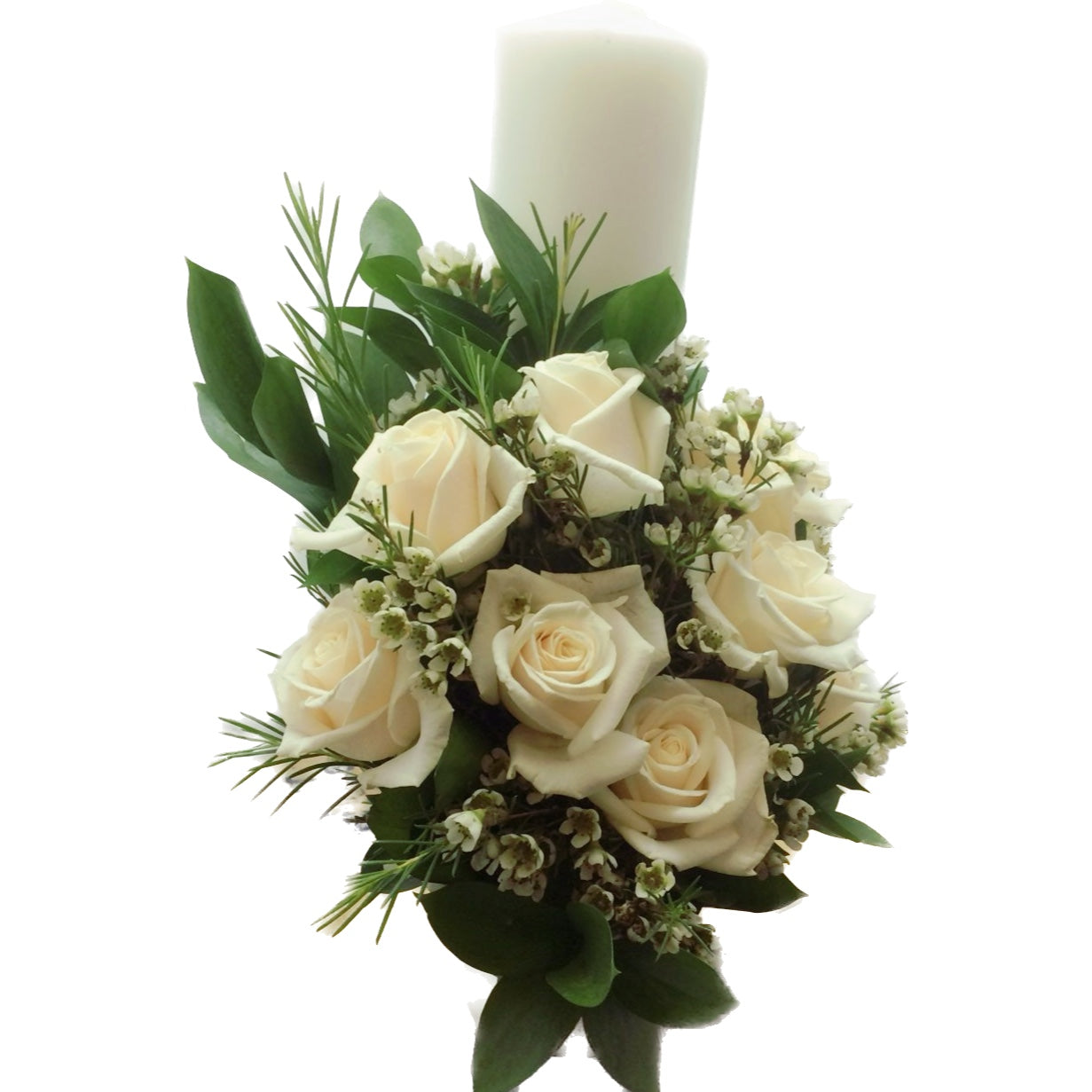 Lumanare botez scurta trandafiri crem si wax flowers